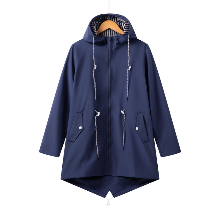 Women's travel-friendly lightweight waterproof raincoat, featuring a hood for ultimate rain protection.