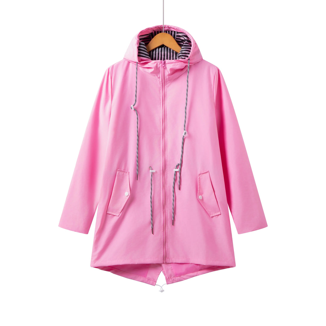 Full-length shot of a women's lightweight waterproof hooded trench coat, perfect for stylish rain outerwear.