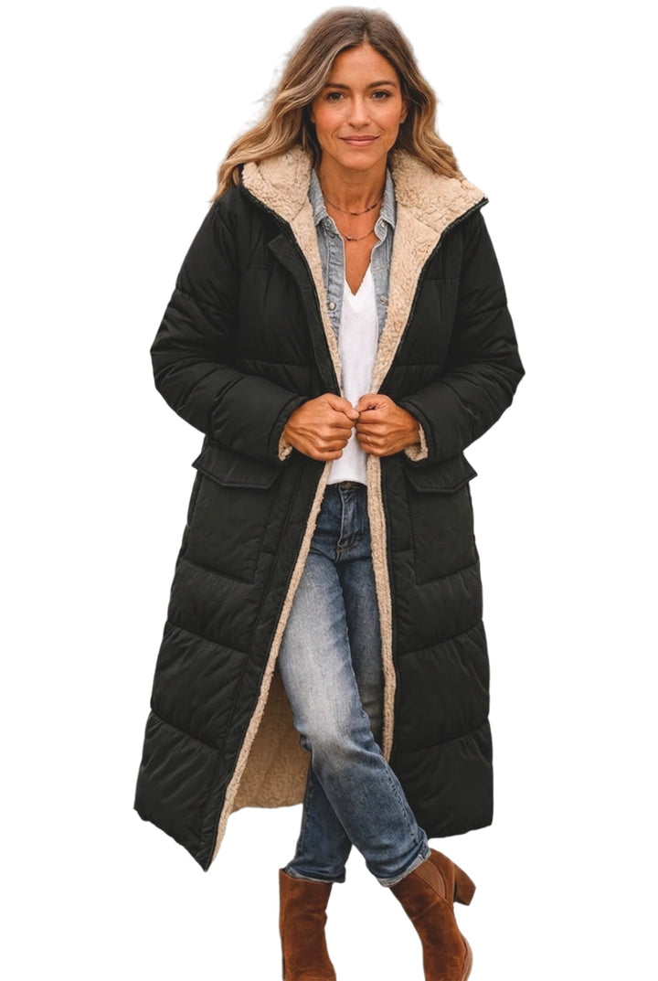 Women's long hooded puffer jacket, perfect for stylish warmth in cold winter weather.