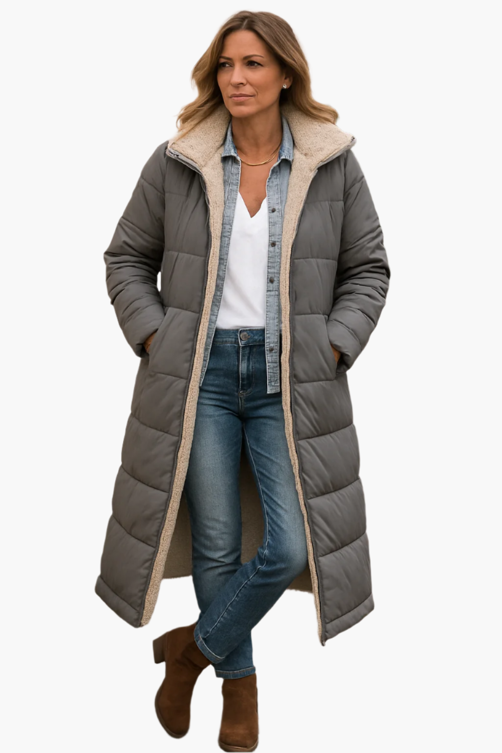 Casual women's long puffer coat with hood, ideal for cold weather comfort and style.