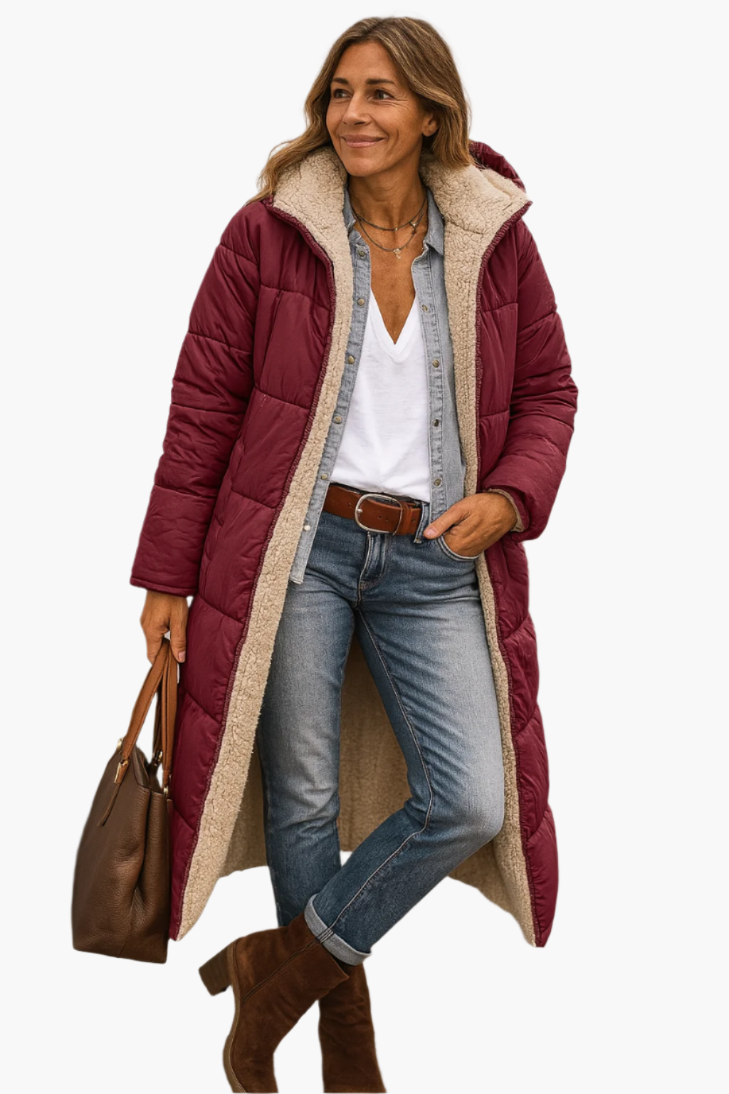 Long women's puffer jacket, featuring a protective hood, designed for ultimate winter coziness.