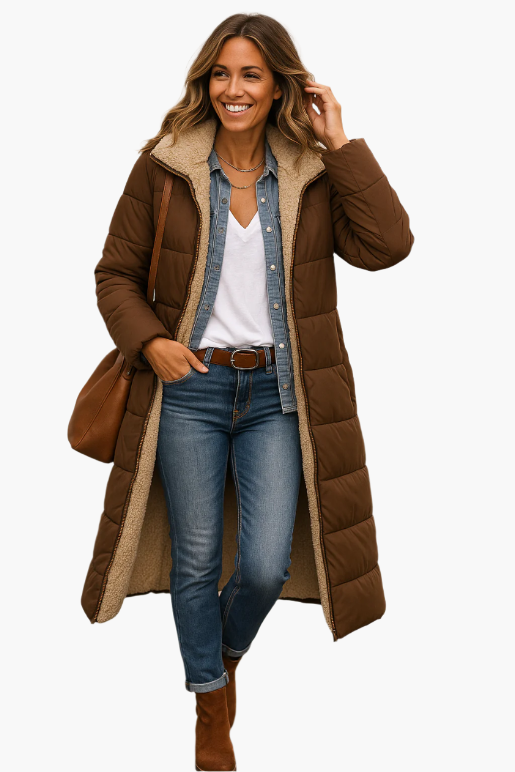 Fashionable women's long puffer coat, offering cold weather protection and sleek style.