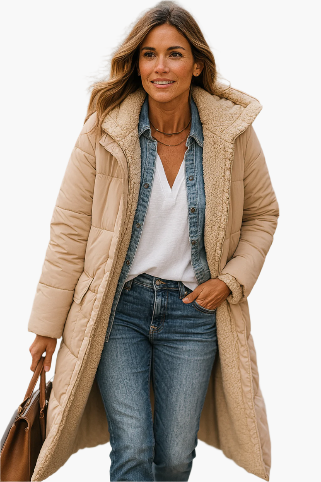 Cozy women's zip-up long hooded puffer, perfect outerwear for chilly winter days.