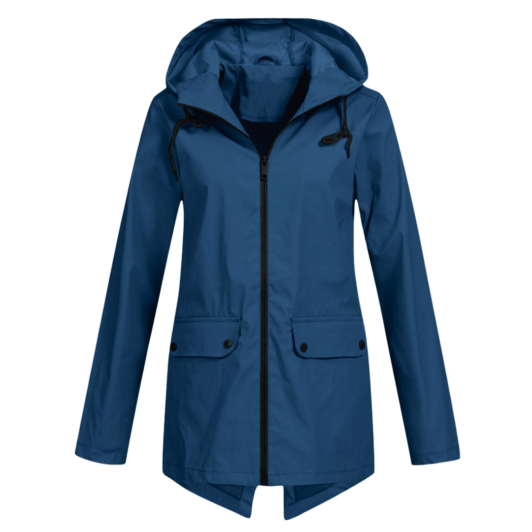 Women's long hooded rain jacket, waterproof & stylish for all-weather protection. Perfect spring/fall outerwear.