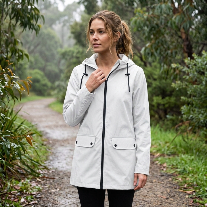 Versatile women's long rain coat, hooded & waterproof. Ideal lightweight, casual jacket for spring & fall.
