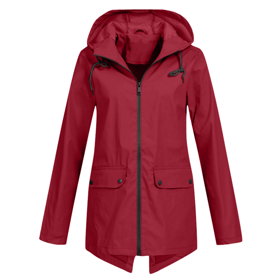 Sleek women's long hooded rain jacket, waterproof. Offers excellent weather protection with a stylish look.
