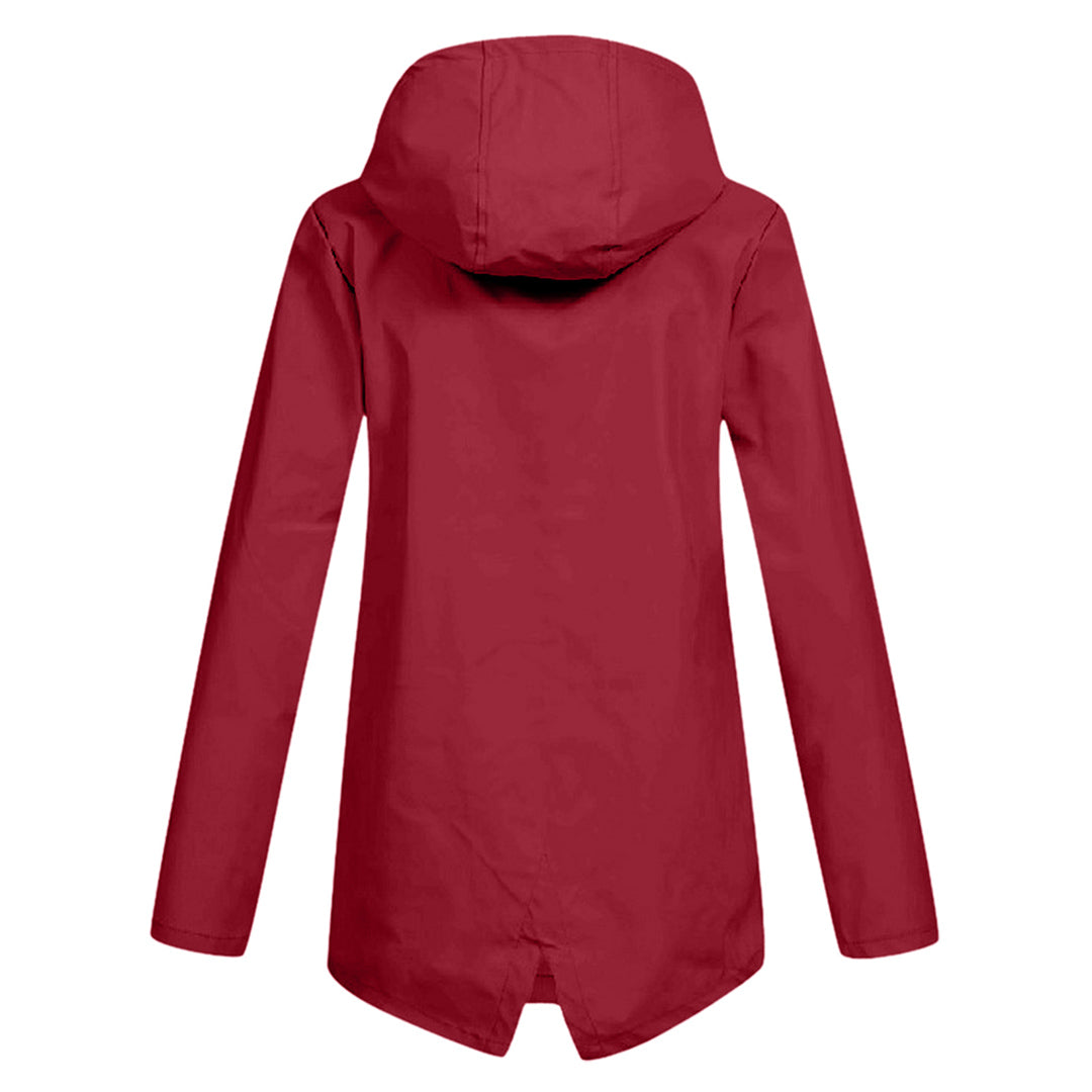 Women's long hooded zip-front rain jacket. Waterproof, lightweight outerwear for spring & fall protection.