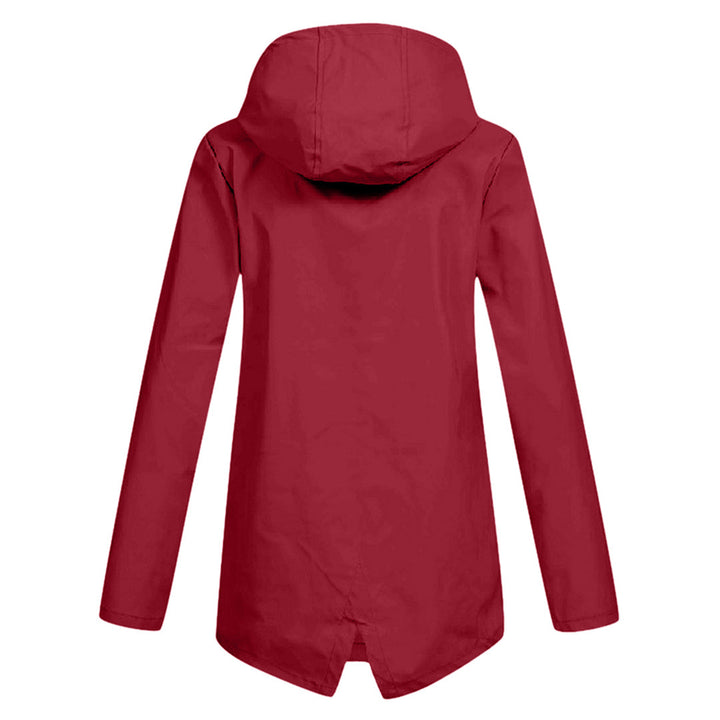 Women's long hooded zip-front rain jacket. Waterproof, lightweight outerwear for spring & fall protection.