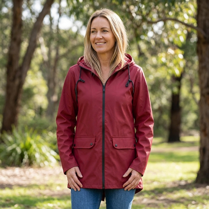 Women's long waterproof rain jacket with hood. Stylish all-weather outerwear for casual spring/fall fashion.