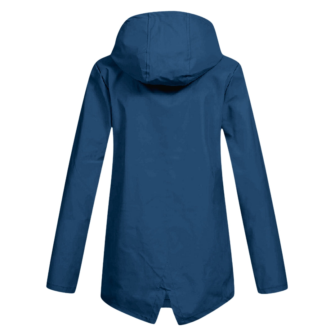 Lightweight women's waterproof rain jacket with hood, ideal for weather protection & casual spring/fall wear.