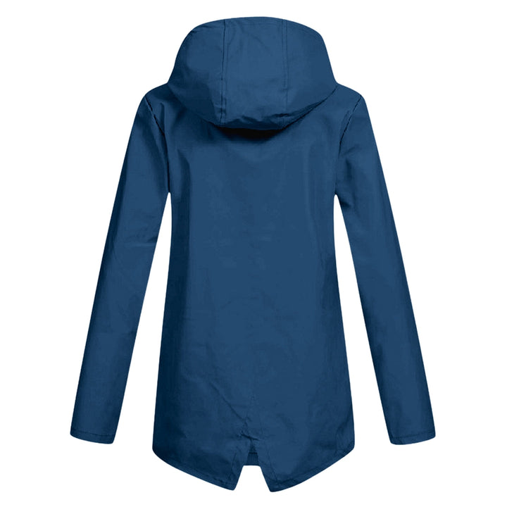 Lightweight women's waterproof rain jacket with hood, ideal for weather protection & casual spring/fall wear.
