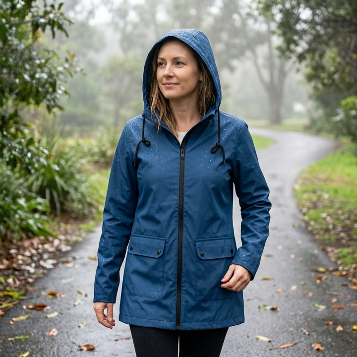 Stylish long hooded rain coat for women, offering waterproof protection. Zip-front, casual & fashionable.