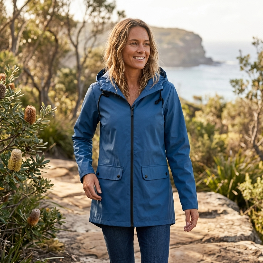 Women's all-weather hooded rain jacket, long & waterproof. Great for spring/fall weather protection.