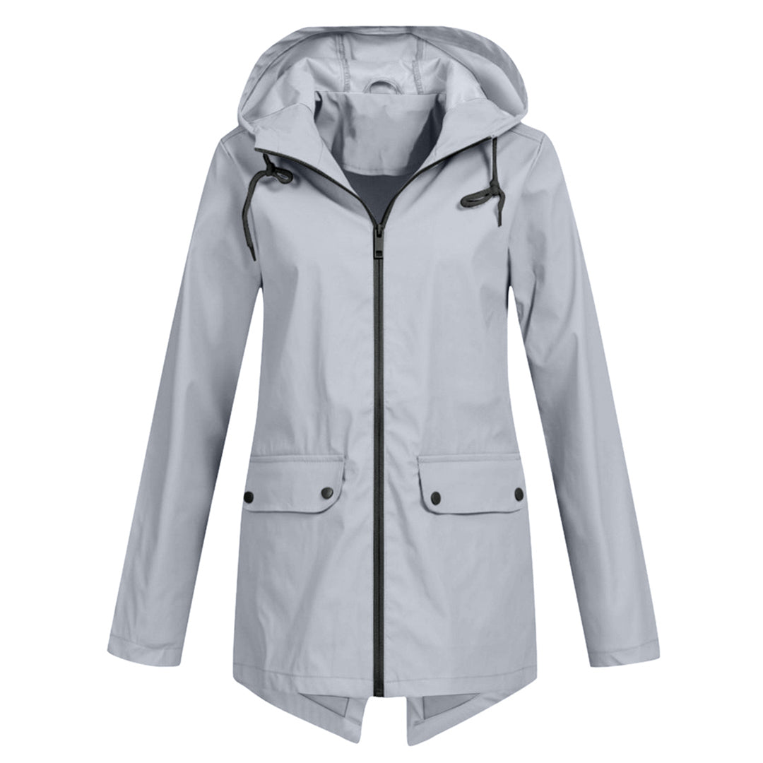 Fashionable women's long rain jacket with hood. Waterproof outerwear for stylish protection in all weather.