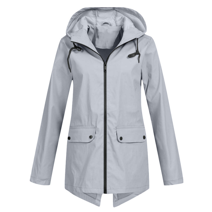 Fashionable women's long rain jacket with hood. Waterproof outerwear for stylish protection in all weather.