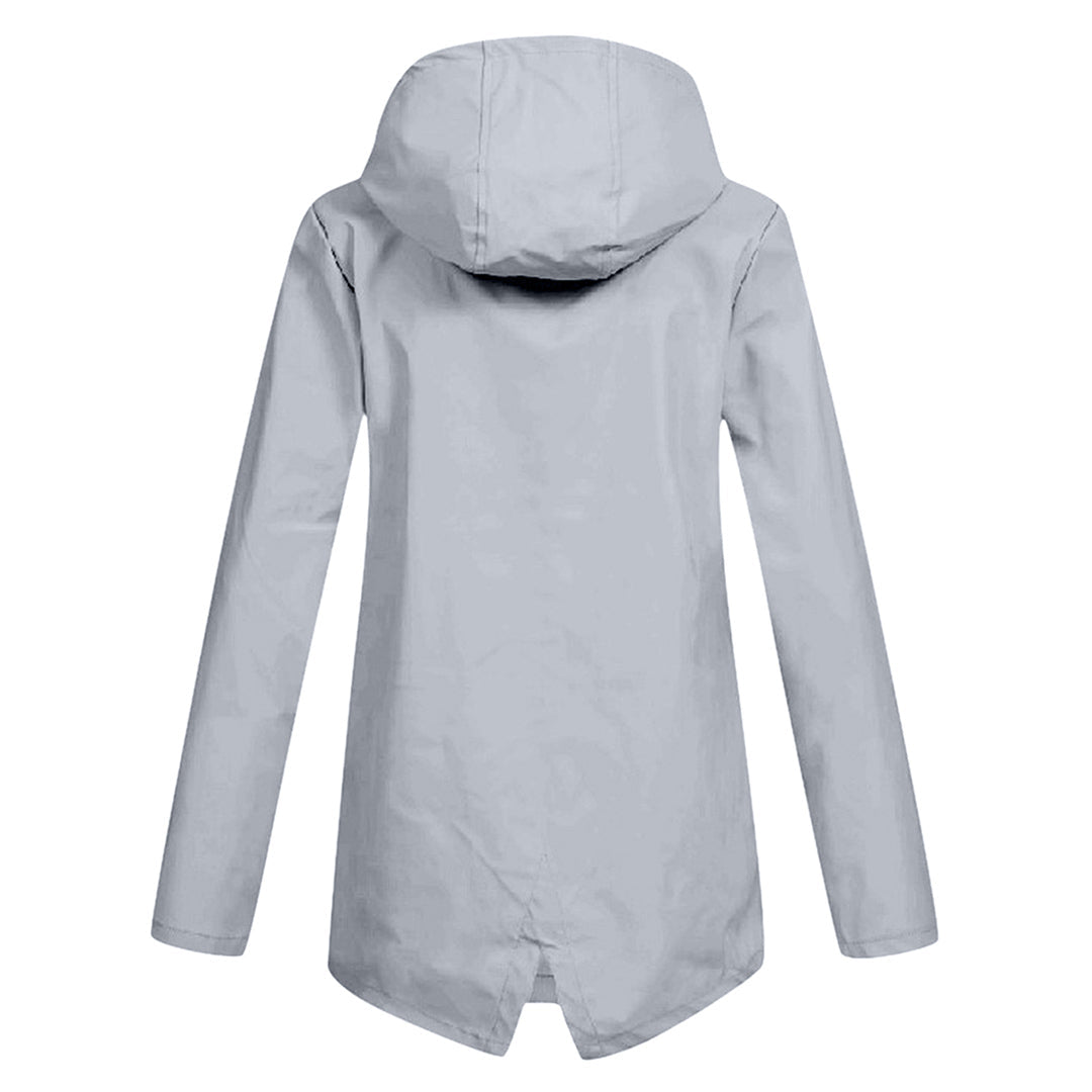 Practical women's long rain coat, hooded & waterproof. Essential lightweight jacket for spring & fall.