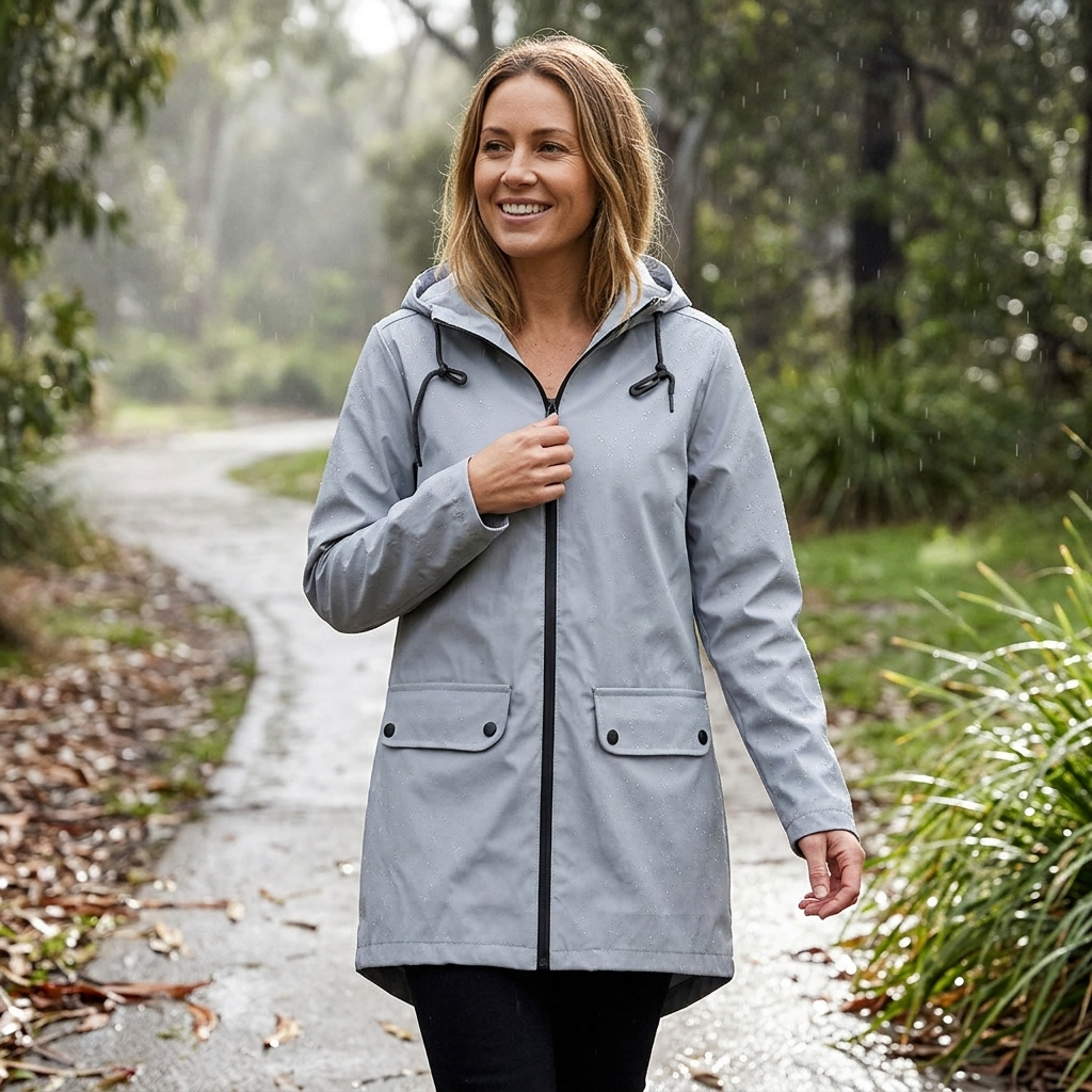 Women's stylish zip-front long rain jacket, hooded & waterproof. Casual outerwear for all seasons.