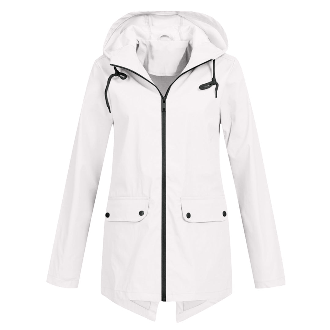 Comfortable women's long hooded rain jacket, waterproof & breathable. Perfect for spring/fall weather.