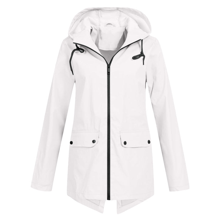 Comfortable women's long hooded rain jacket, waterproof & breathable. Perfect for spring/fall weather.