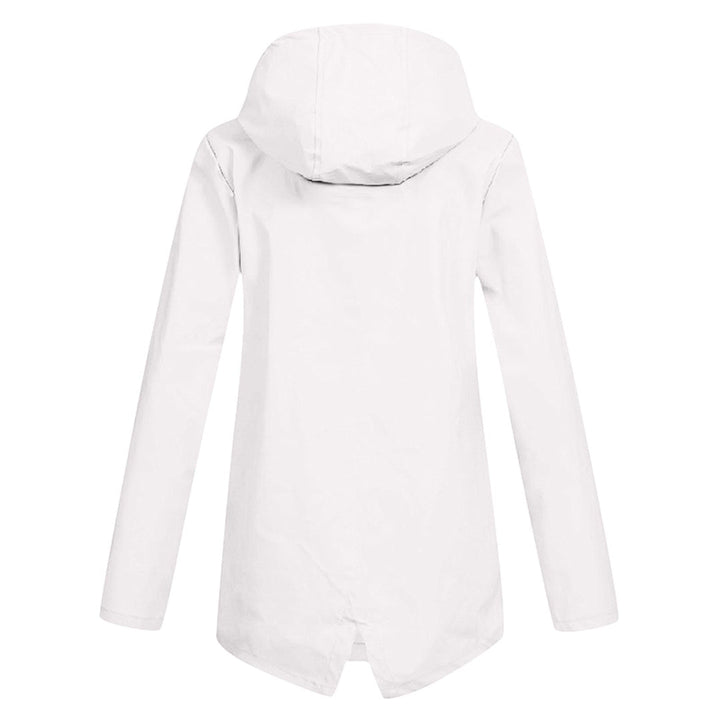 Modern women's long rain jacket, hooded & waterproof outerwear. Stylish protection for rainy days.