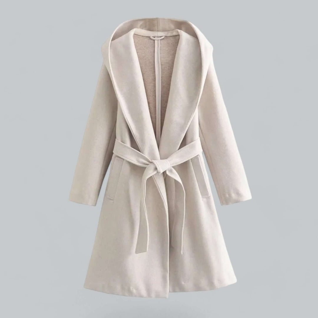 Women's long hooded trench coat, classic belted outerwear for elegant autumn and spring fashion.