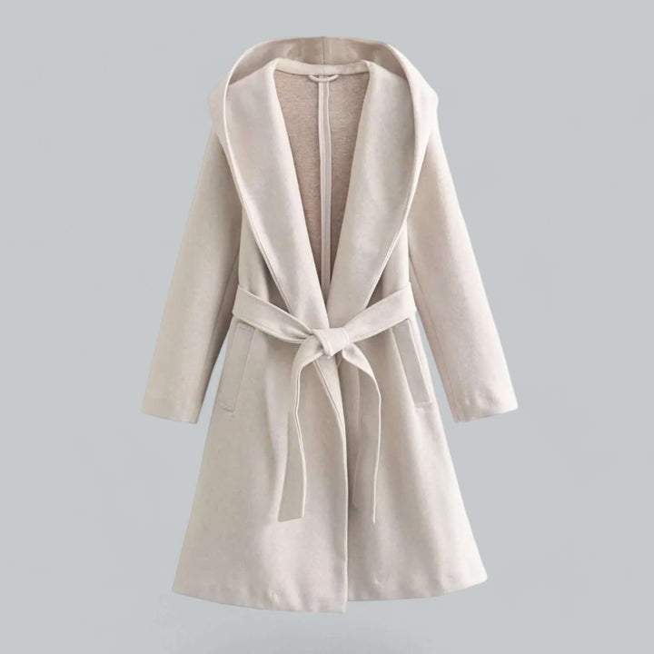 Women's long hooded trench coat, classic belted outerwear for elegant autumn and spring fashion.