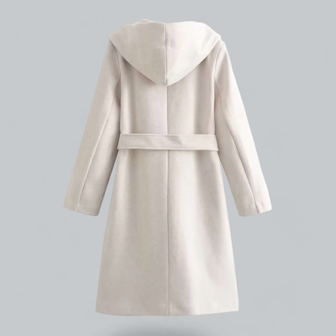 Stylish women's hooded trench coat, a long belted jacket perfect for elegant spring and autumn fashion.