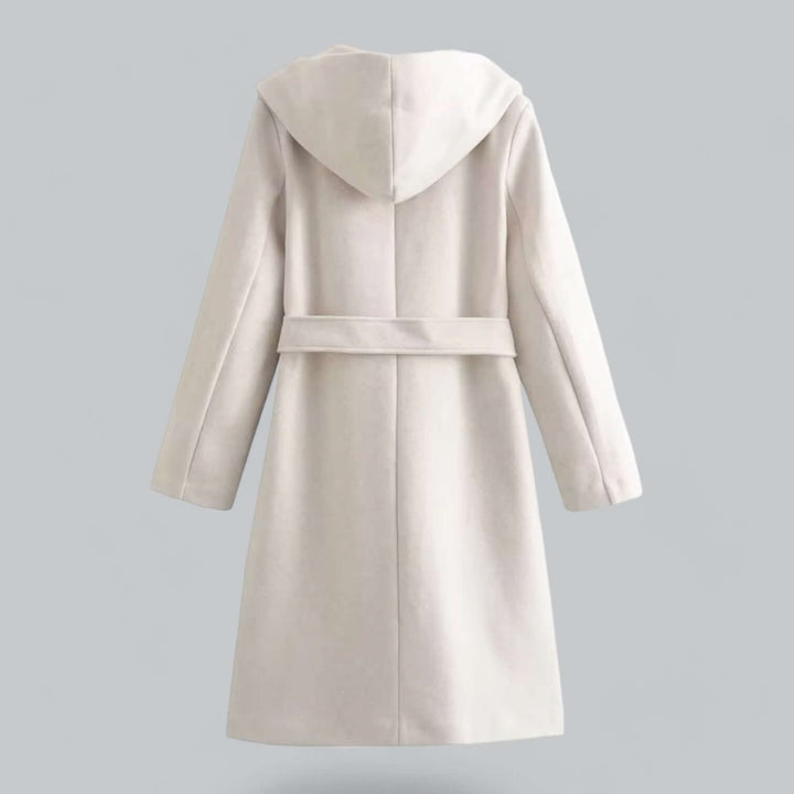 Stylish women's hooded trench coat, a long belted jacket perfect for elegant spring and autumn fashion.