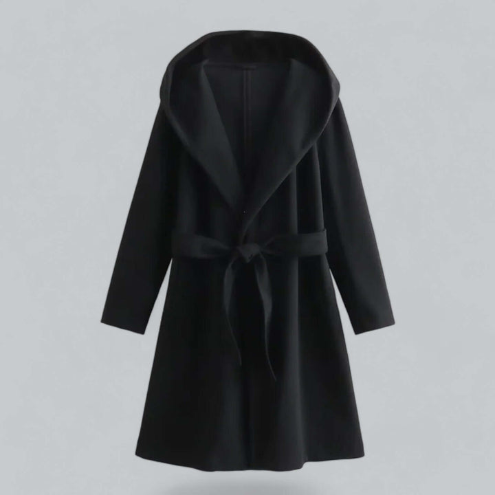 Elegant women's hooded long trench coat with belt, ideal for classic autumn & spring outerwear.