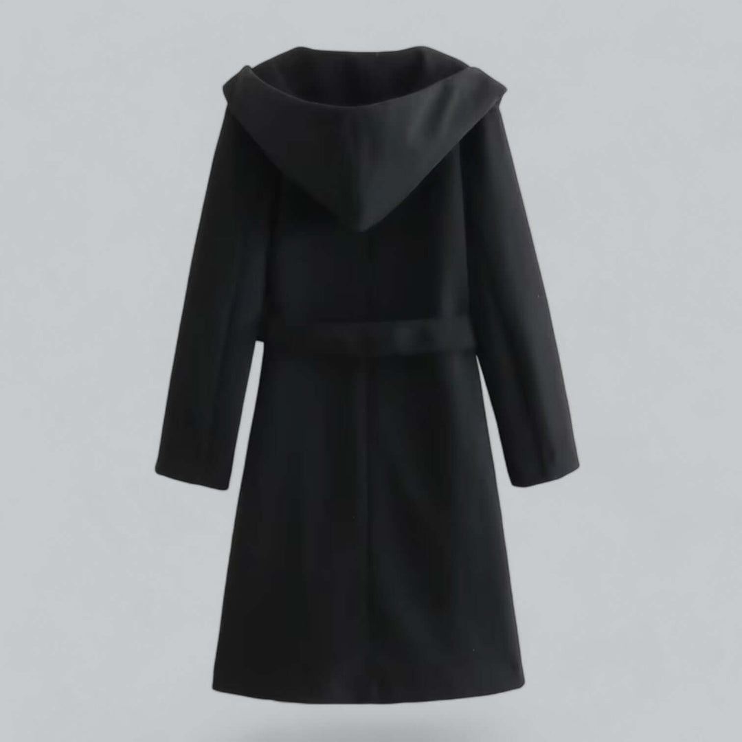 Classic women's long hooded trench coat, belted design for sophisticated spring and autumn style.