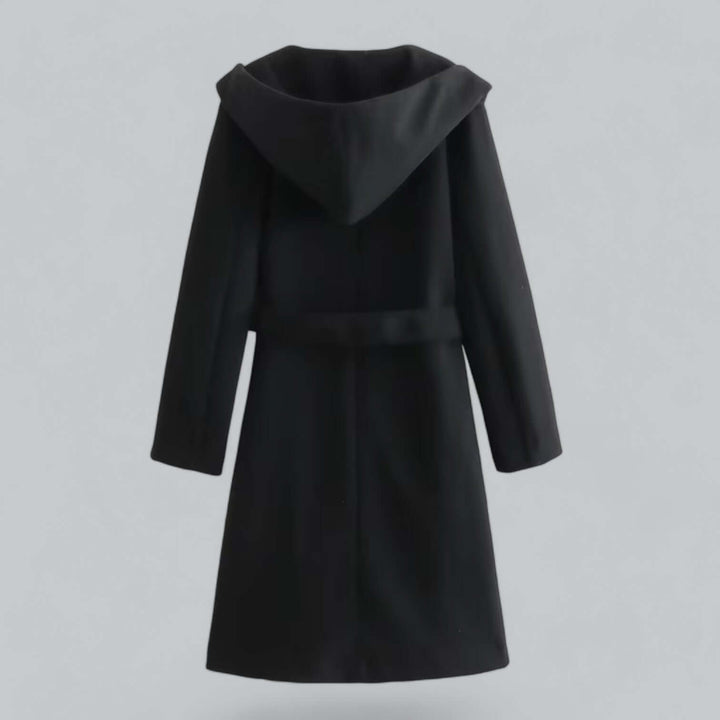 Classic women's long hooded trench coat, belted design for sophisticated spring and autumn style.
