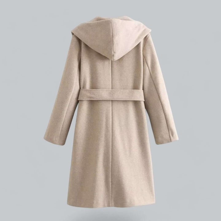 Versatile women's long hooded trench coat, perfect classic belted outerwear for autumn & spring.
