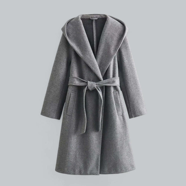 Chic women's hooded long trench coat, an elegant belted jacket for stylish autumn fashion.