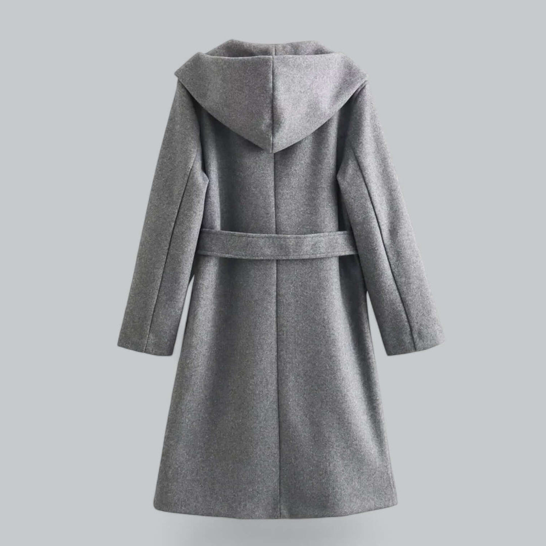Women's full-length hooded trench coat, a classic belted design for elegant outerwear.