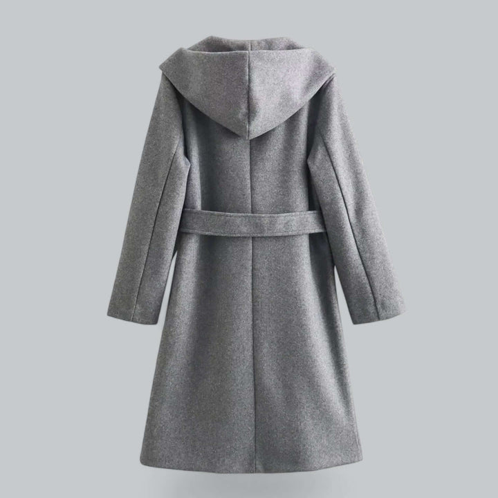 Women's full-length hooded trench coat, a classic belted design for elegant outerwear.