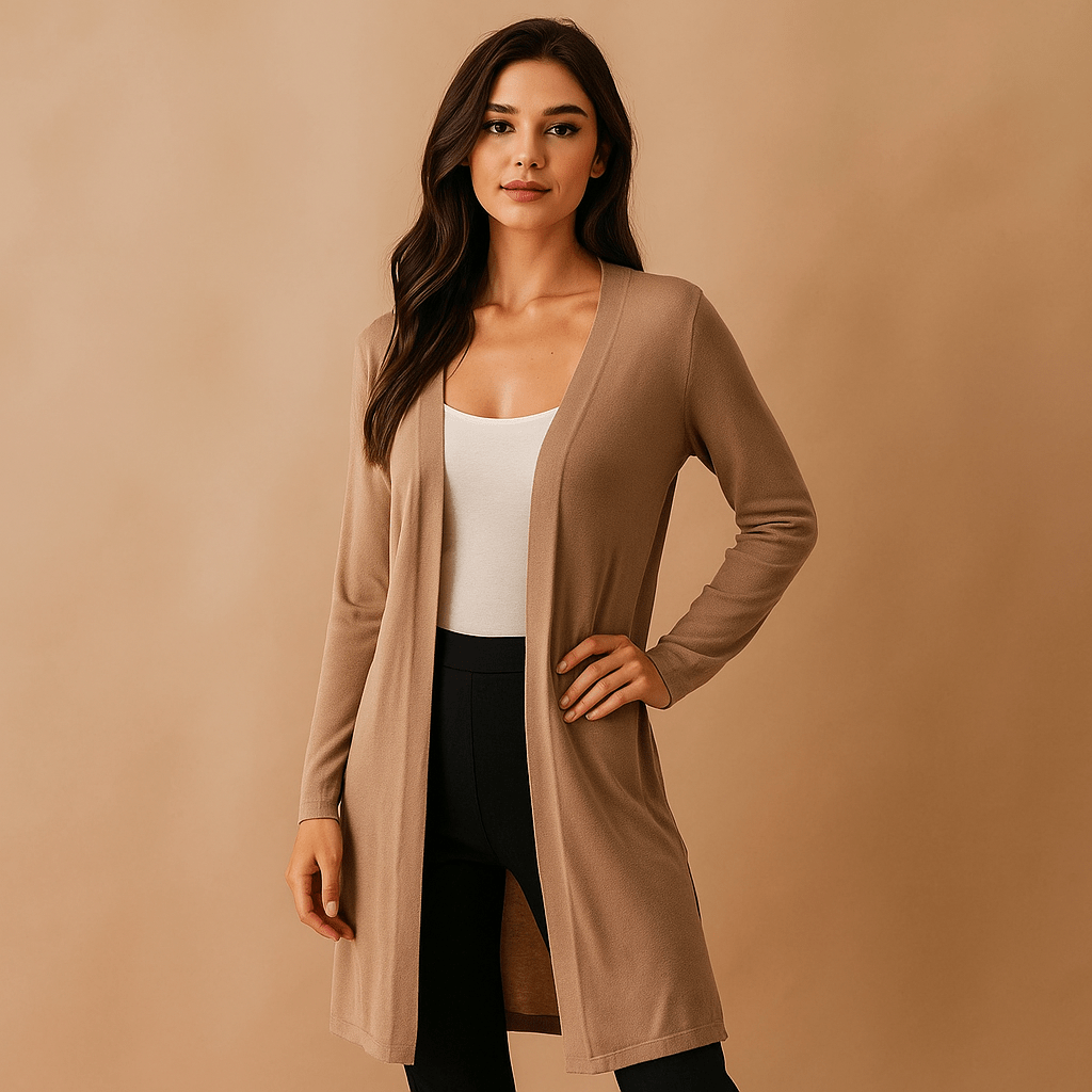 Versatile women's long knit cardigan, ideal for casual outfits or elegant styling as a layering piece.
