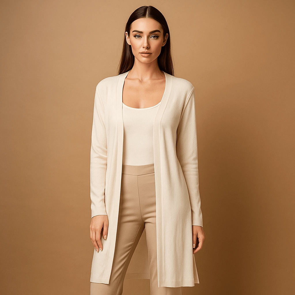 Stylish women's long knit cardigan, a chic layering piece enhancing any outfit for versatile fashion.