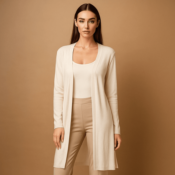 Stylish women's long knit cardigan, a chic layering piece enhancing any outfit for versatile fashion.