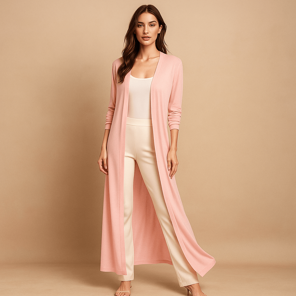 Women's long duster-style knit cardigan, versatile, stylish outerwear for a modern, cozy top.
