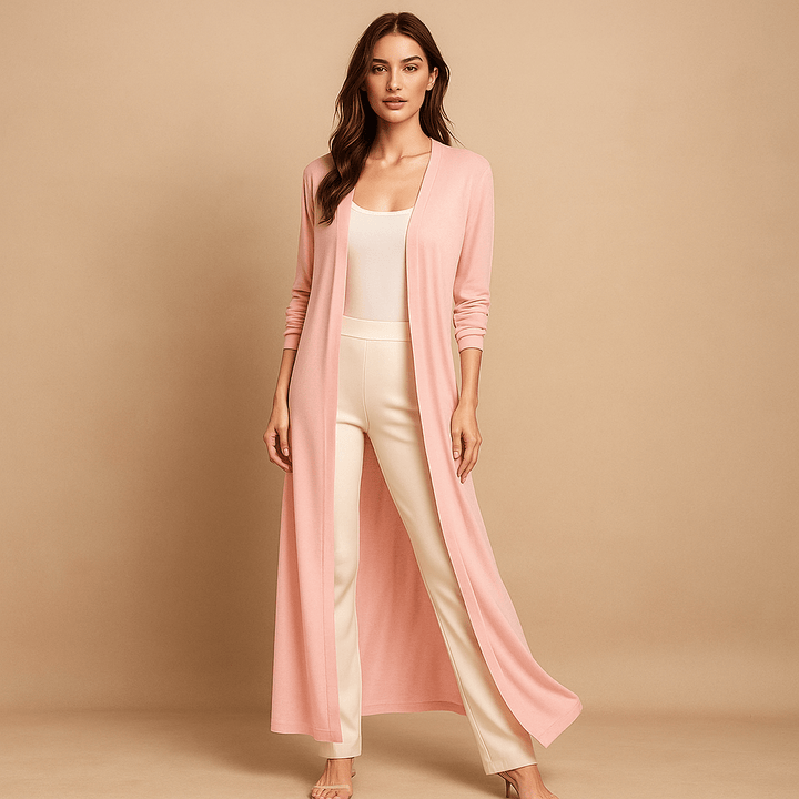 Women's long duster-style knit cardigan, versatile, stylish outerwear for a modern, cozy top.