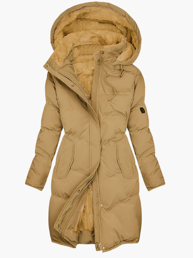 Warm women's long quilted coat featuring a protective hood, designed for ultimate winter warmth and style.