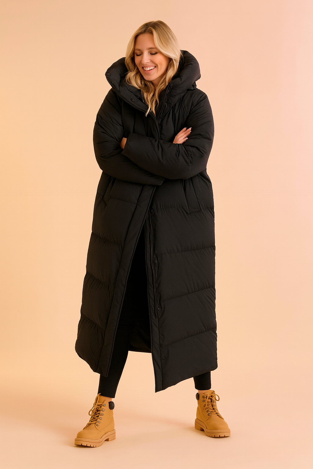 Cozy women's long quilted puffer coat with hood. Ideal warm outerwear for winter & cold weather protection.