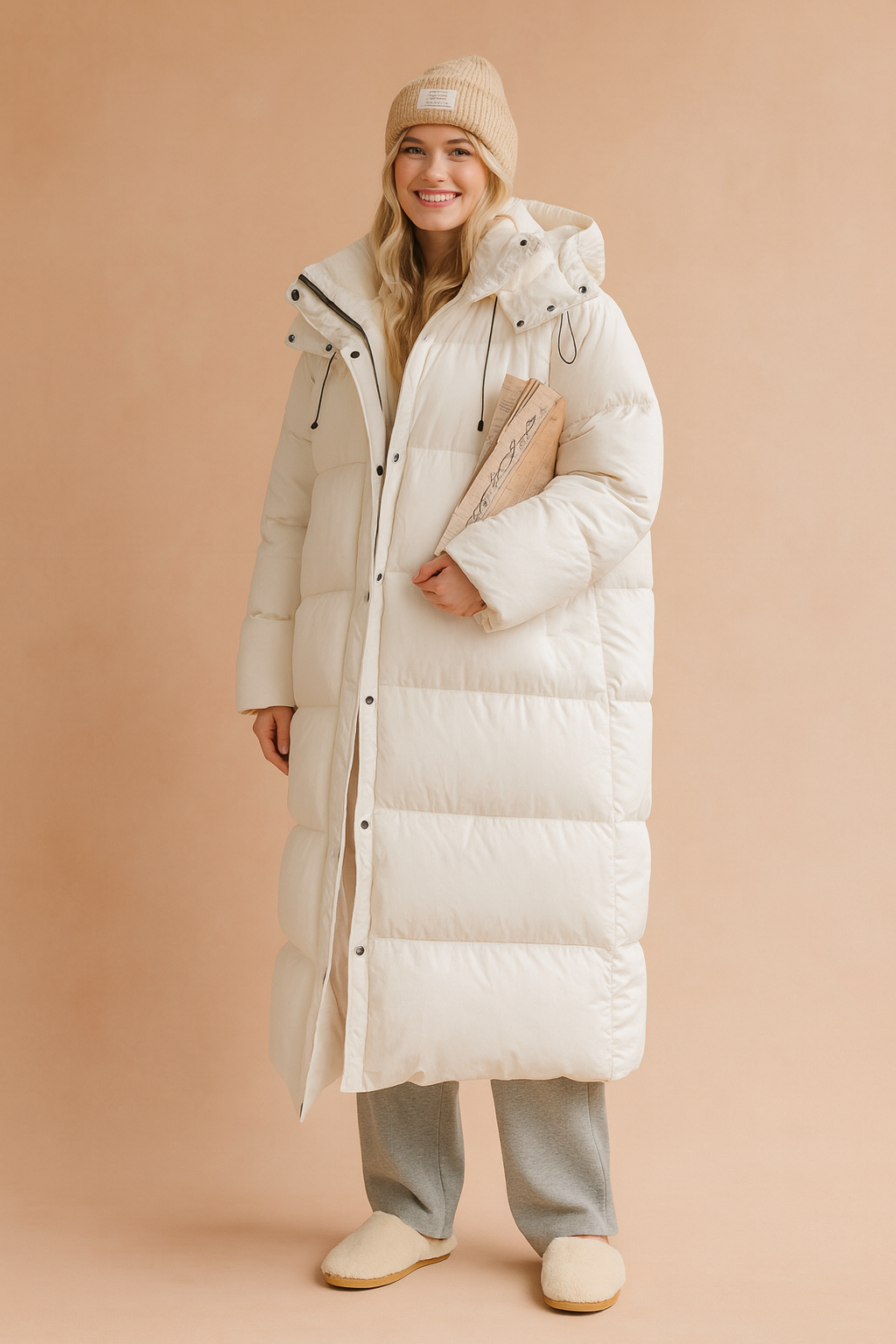 Elegant women's long quilted hooded jacket. Stylish winter outerwear, perfect fashion for chilly days.