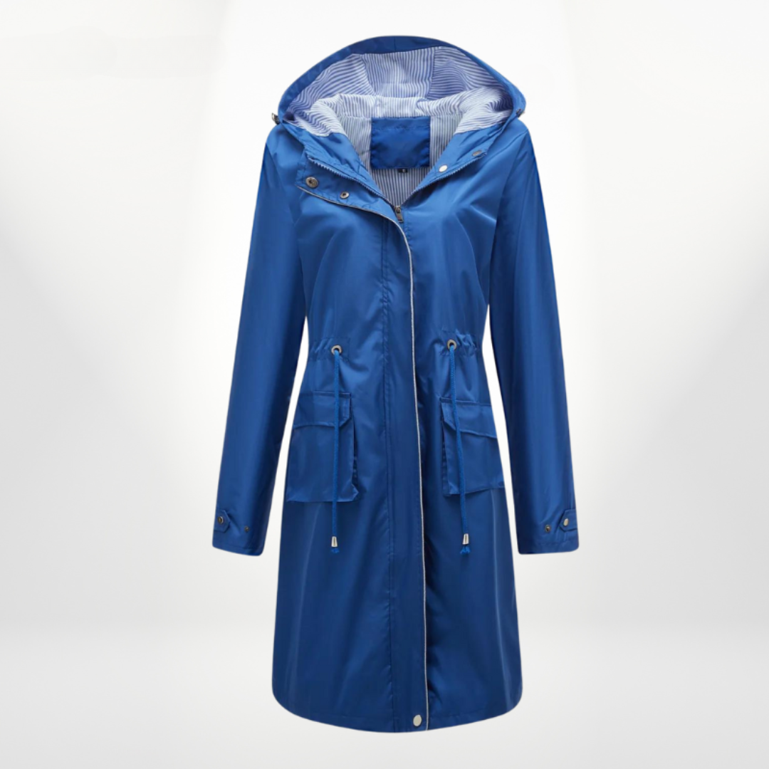 Water-resistant women's long rain jacket, zip-up. Durable hooded outerwear for everyday fashion.