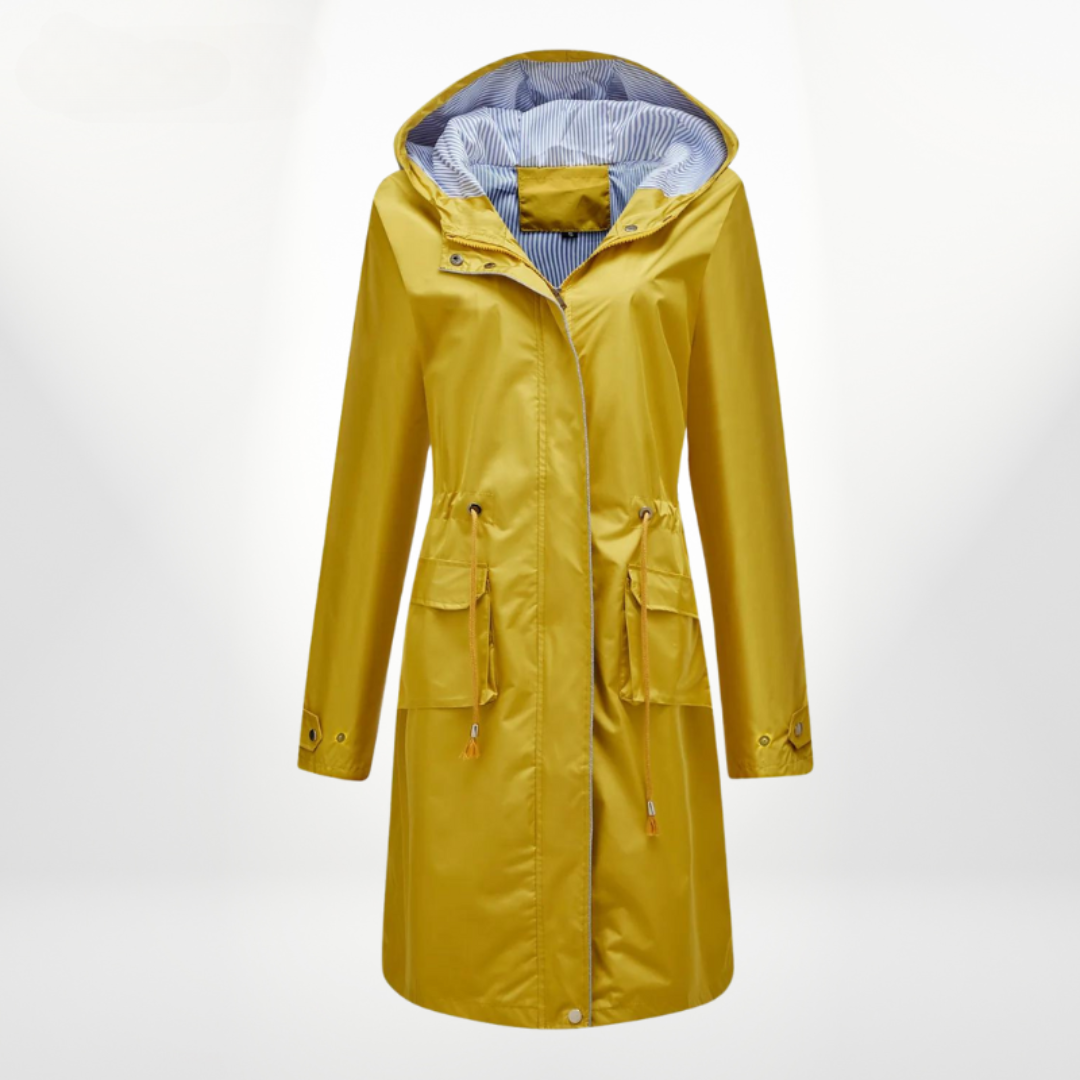 Elegant women's long rain jacket featuring an adjustable drawstring waist & hood. All-weather protection.
