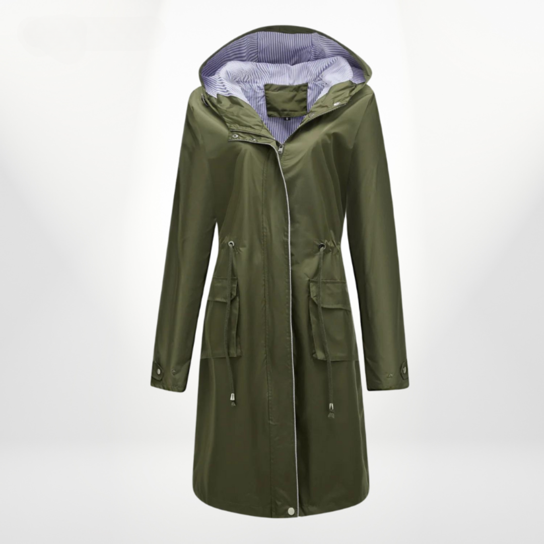 Modern women's hooded rain jacket, long length, zip closure. Essential water-resistant outerwear.