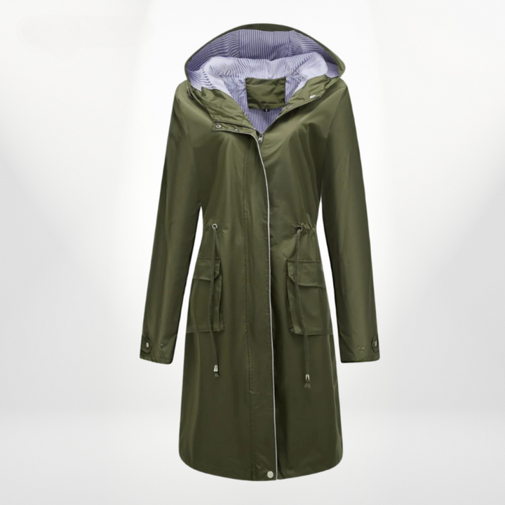 Modern women's hooded rain jacket, long length, zip closure. Essential water-resistant outerwear.