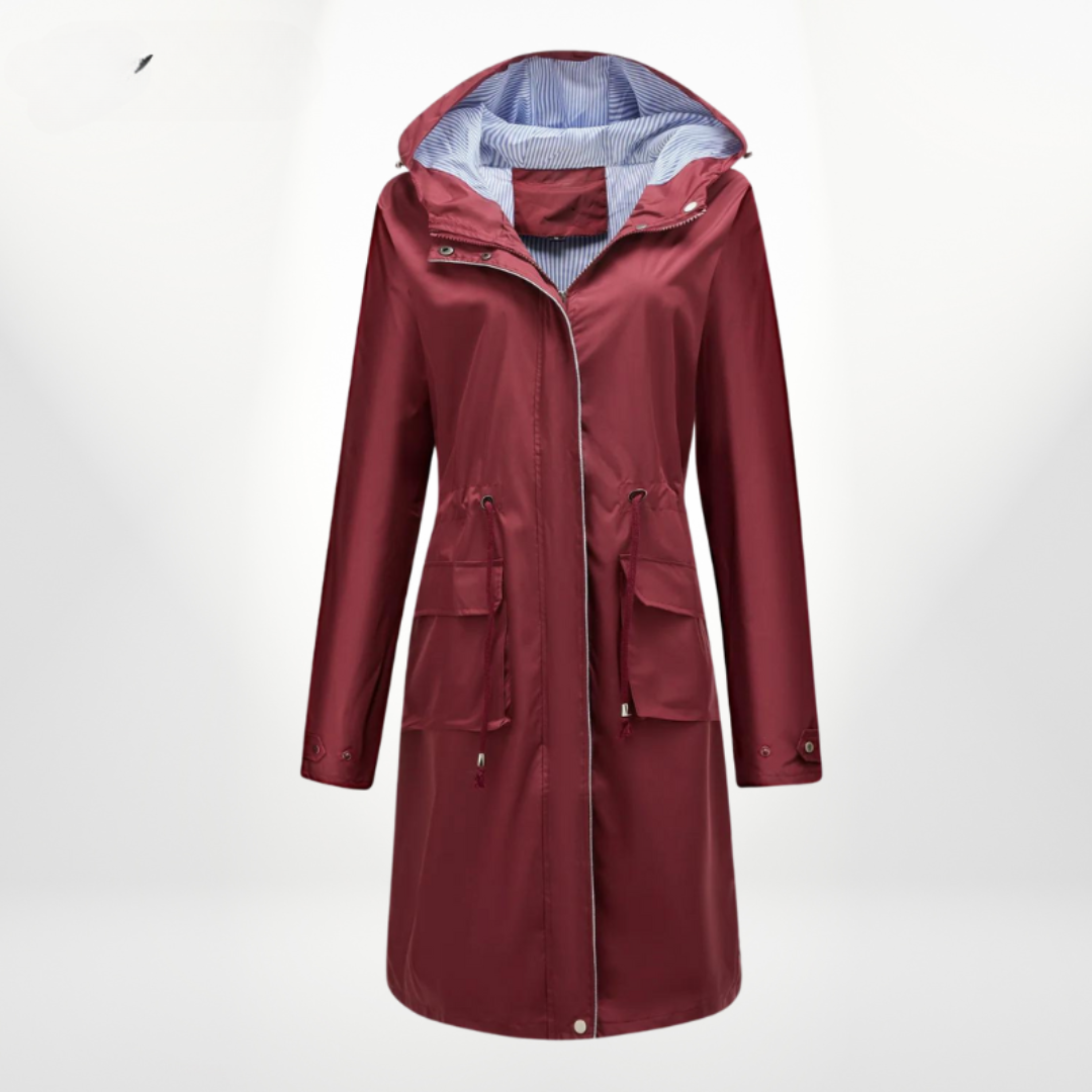 Fashionable women's long rain jacket with hood and adjustable waist. Perfect for spring & fall.