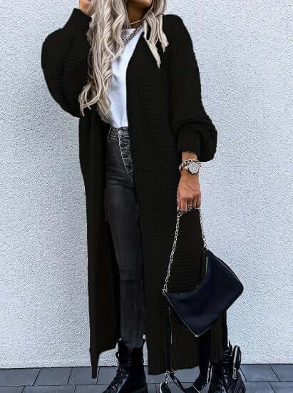 Fashionable women's long sleeve open front cardigan, a warm layering piece for winter.