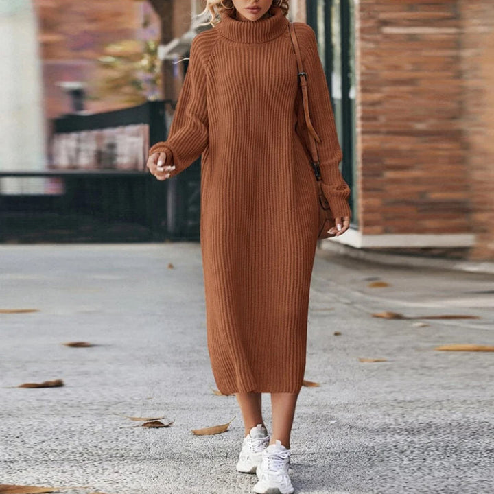 Women's long sleeve roll neck knit midi dress for elegant winter fashion.